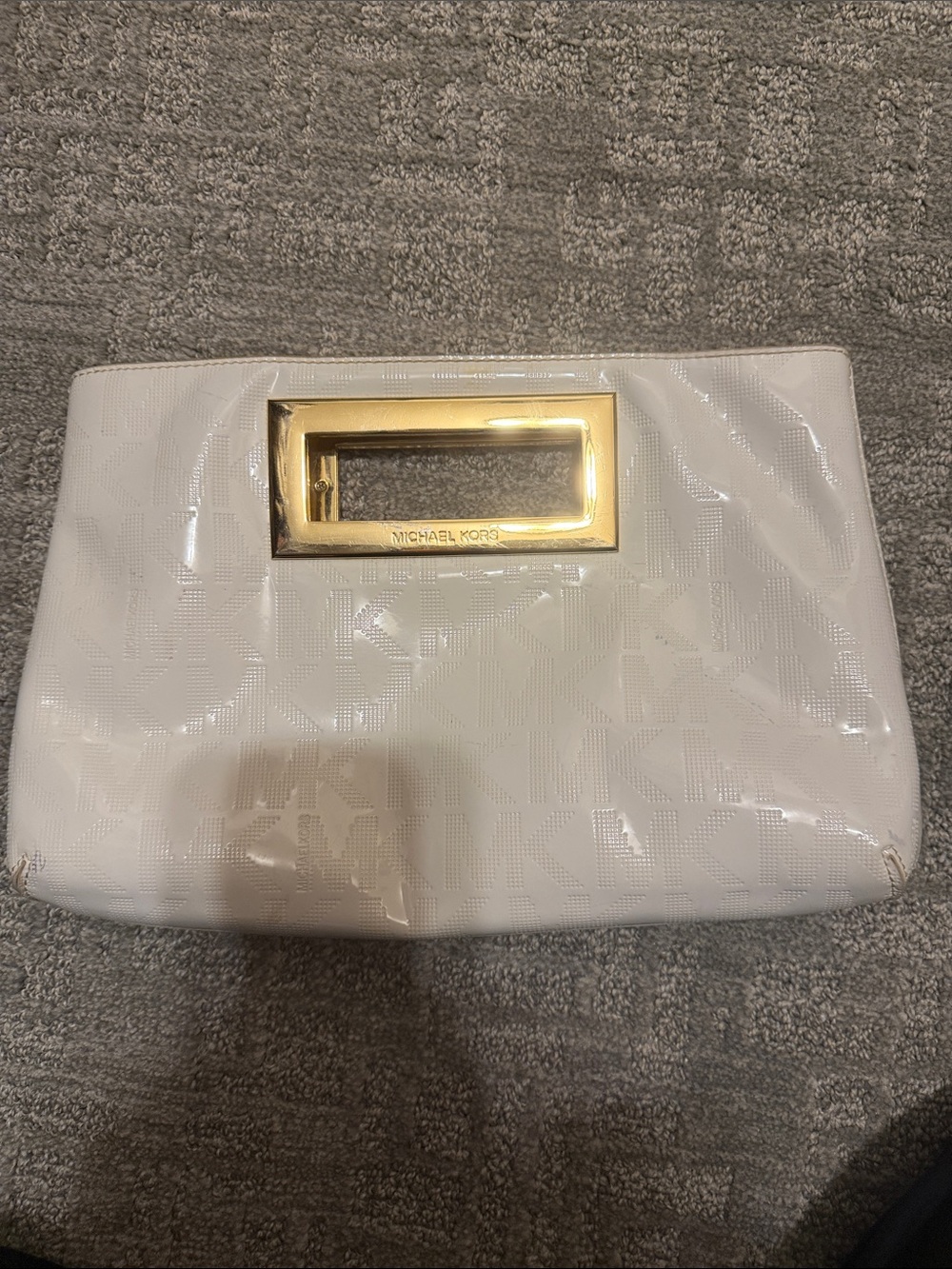 Michael Kors White Patent Logo-Embossed Wristlet Clutch with Gold Handle